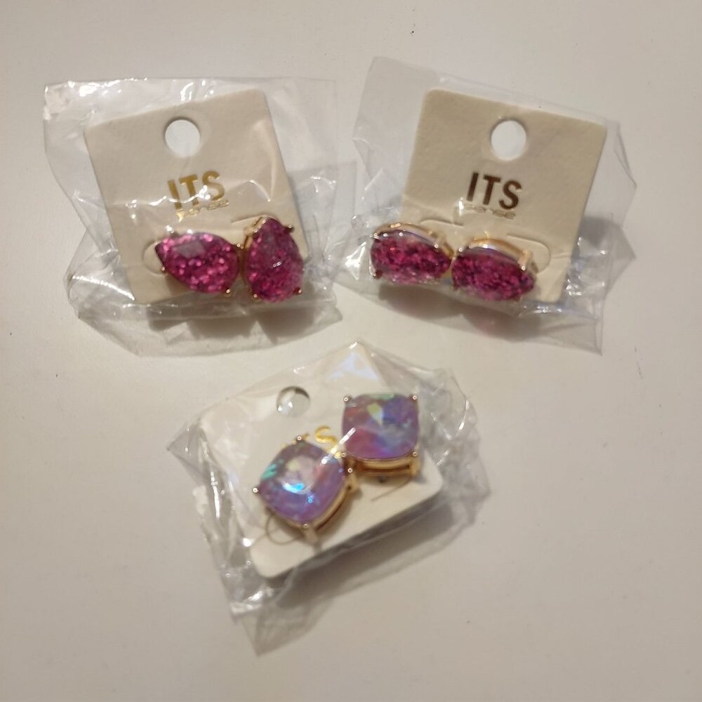 ITS Gold Clip-On Earrings With Pink & Iridescent Stones-SET OF 3-NEW